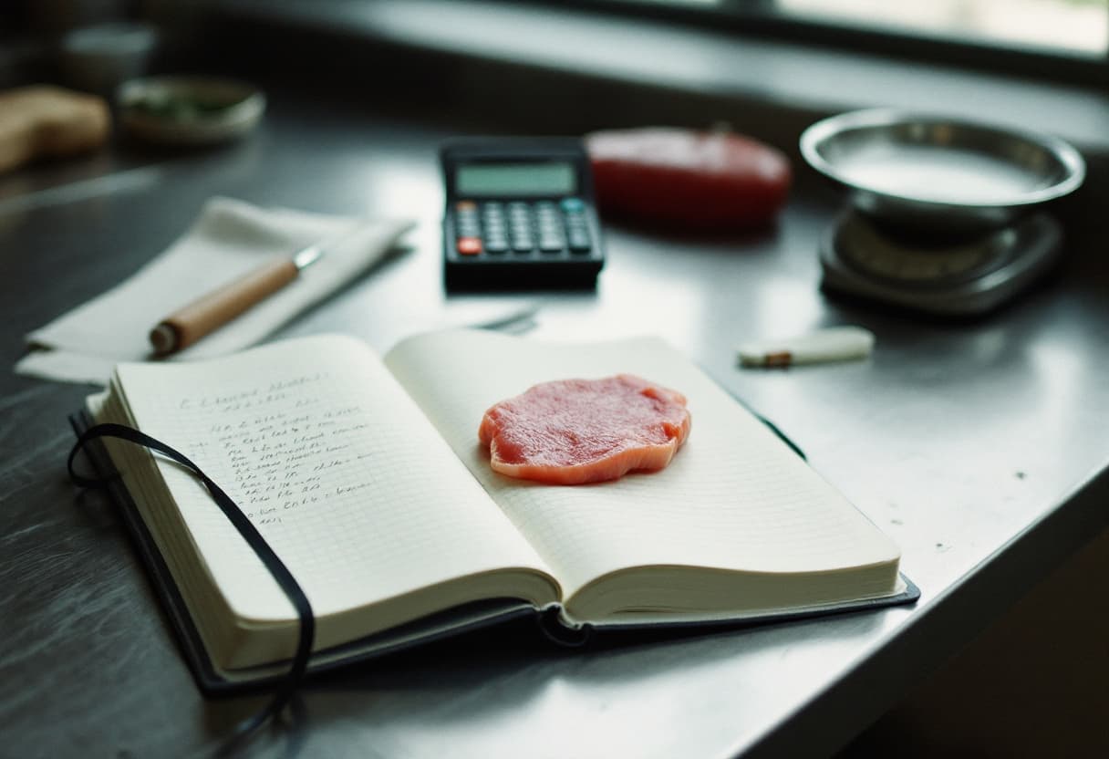 Carnet ouvert avec un calcul manuscrit, une tranche de viande crue, une calculatrice et une balance sur un plan de travail en inox