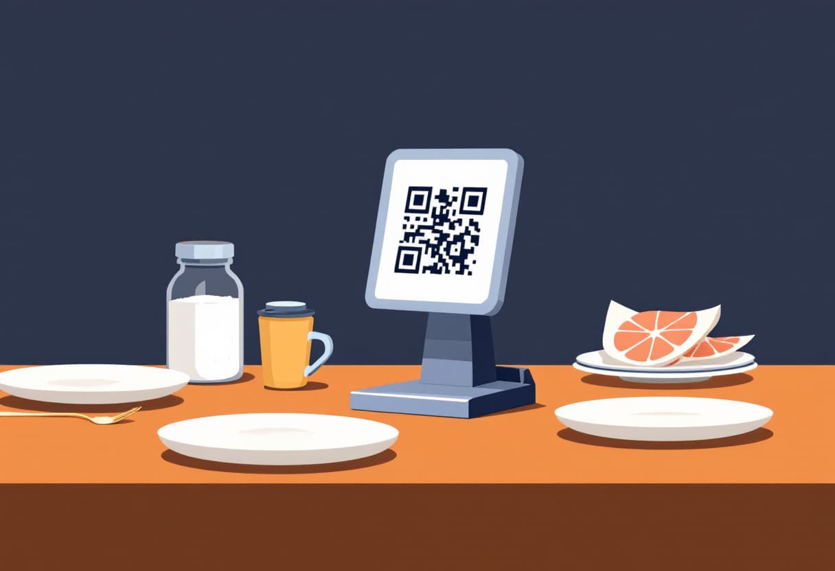 A QR code stand on a restaurant table