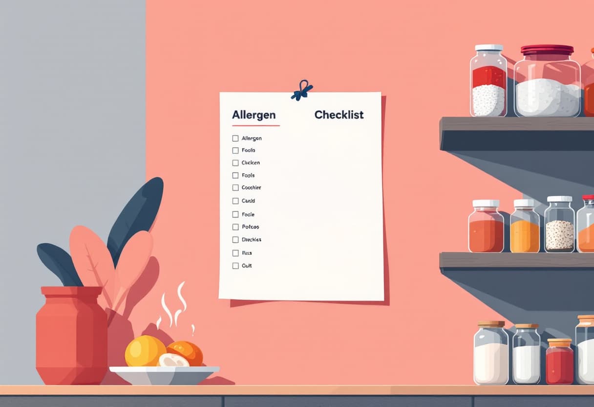 An allergen list posted in a restaurant kitchen
