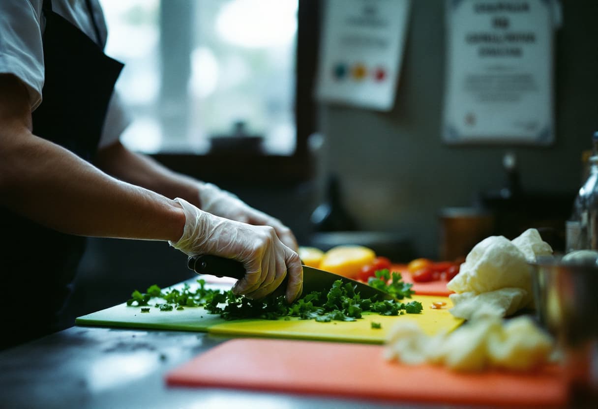 Manos con guantes cortando perejil sobre tablas de colores en la cocina de un restaurante