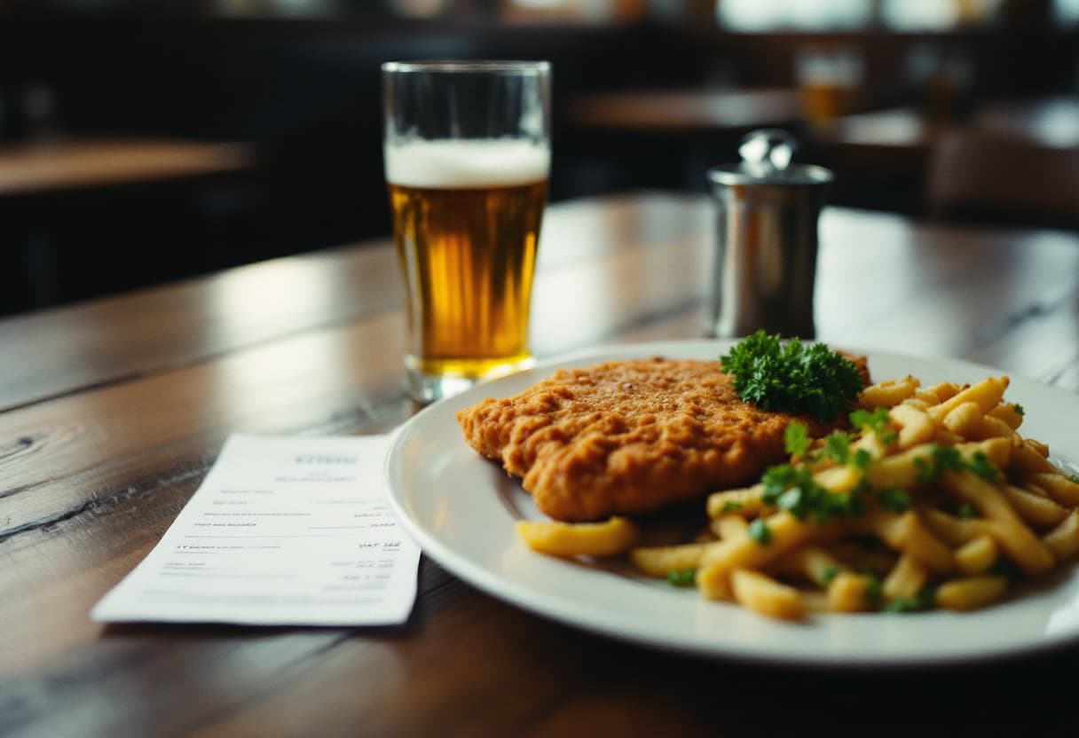 Kassenbon neben einem Teller Schnitzel mit Pommes und einem Glas Bier auf einem Holztisch im Gasthaus