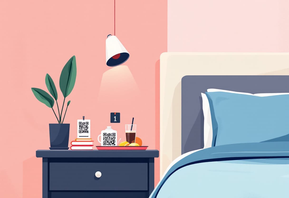 A QR code with the room service menu in a hotel room