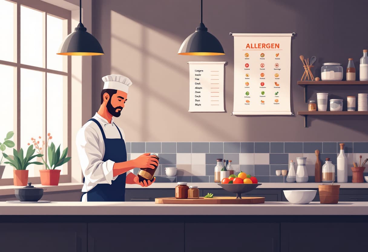 A chef checking allergens on a product label