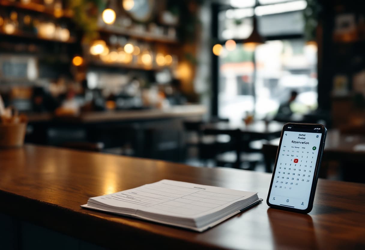 Livro de reservas junto a um telemóvel no balcão de um restaurante