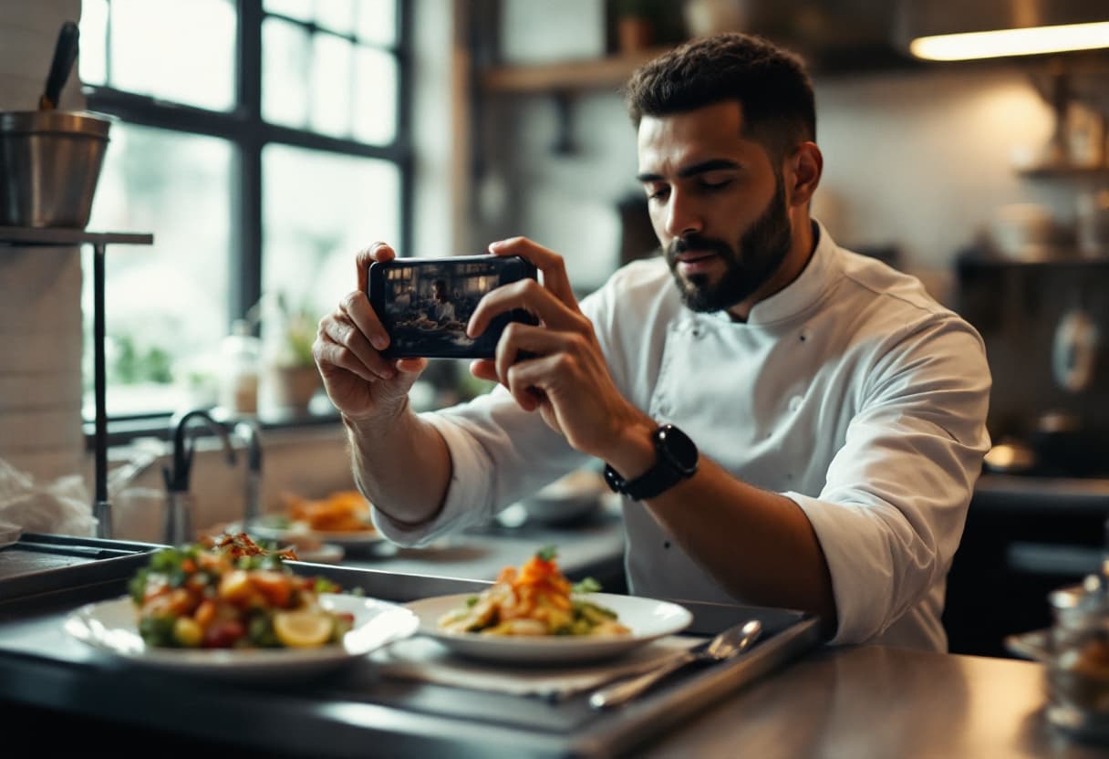 Cocinero fotografiando con el móvil un plato recién emplatado en el pase de la cocina