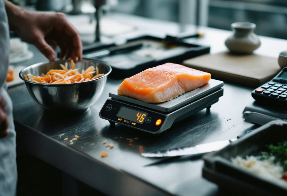 A trimmed salmon fillet on a digital kitchen scale, with a bowl of trimmings and a calculator on the steel counter