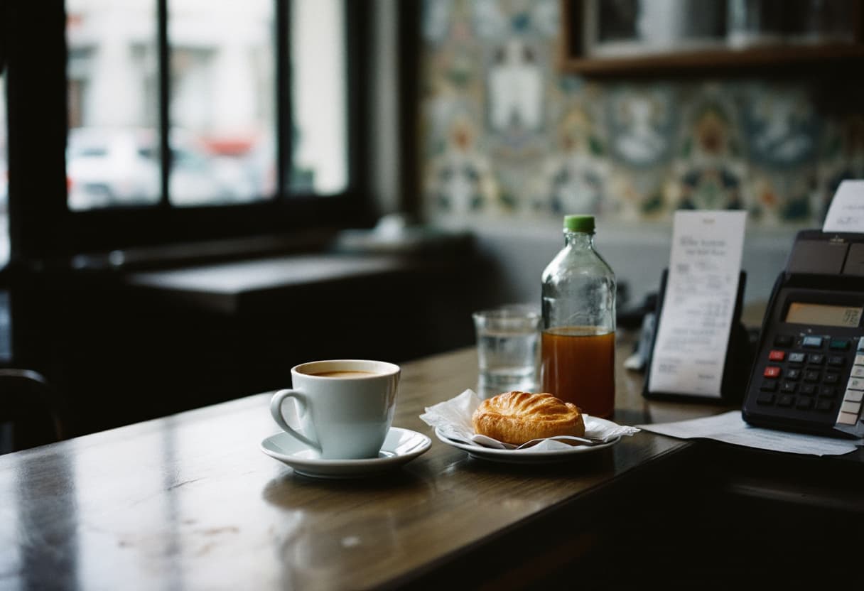 Balcão de café com uma chávena, um bolo, uma garrafa de sumo e um talão junto à caixa registadora
