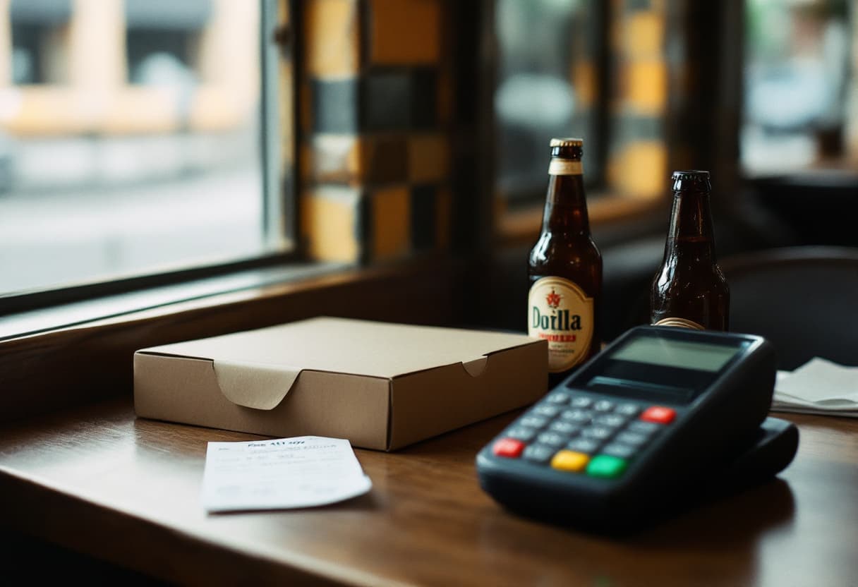 Uno scontrino sul tavolo di una pizzeria accanto a un cartone della pizza da asporto, due bottiglie di birra e un POS