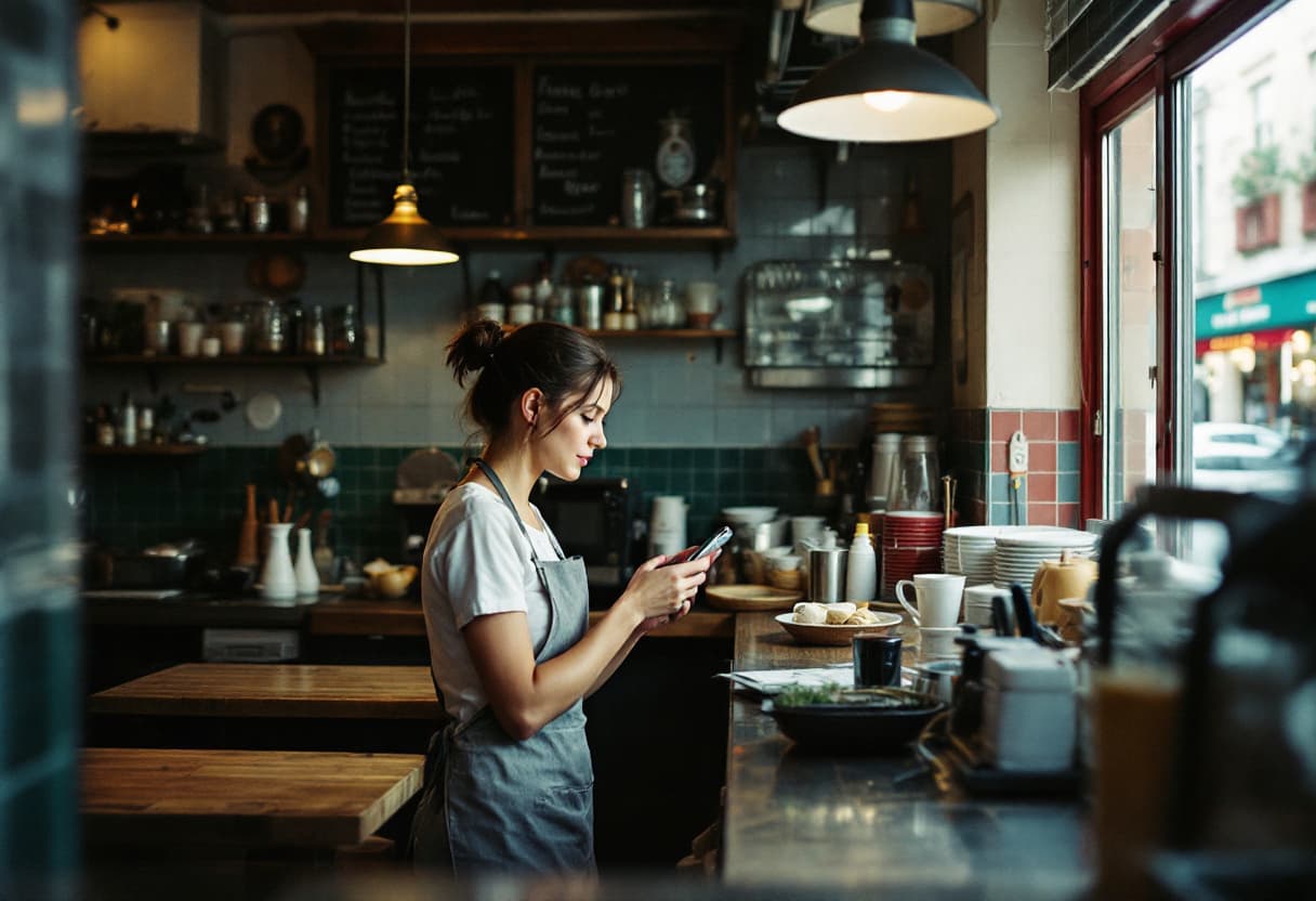 Proprietária de um restaurante a consultar as estatísticas da ementa no telemóvel, ao balcão