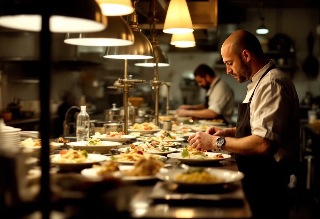 A restaurant kitchen pass during service, plates under heat lamps and cooks at the stoves