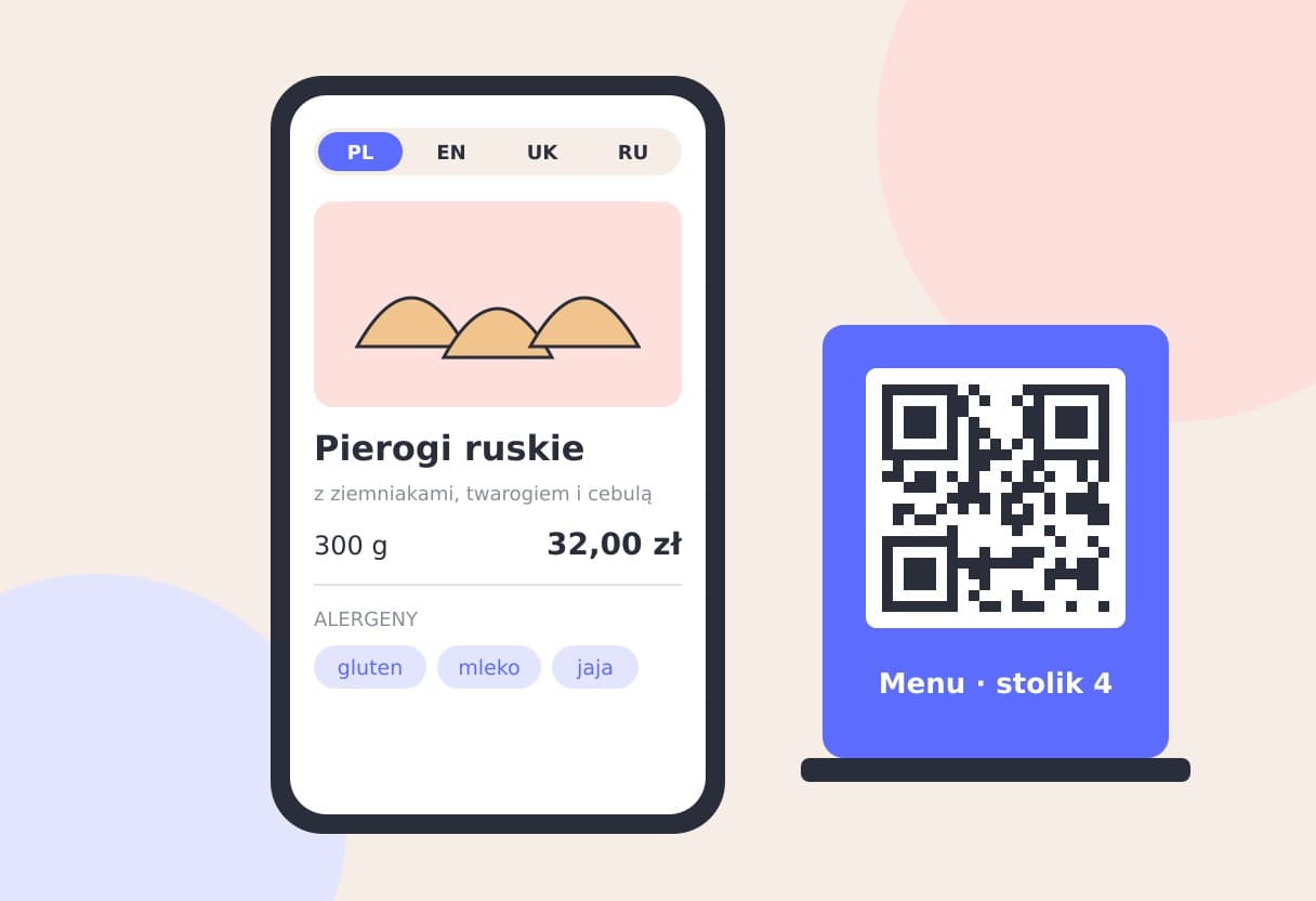 Карточка блюда в QR-меню: pierogi ruskie, цена, граммовка 300 г и значки аллергенов