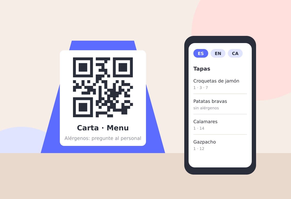 Табличка с QR-кодом на столике кафе рядом с телефоном, на экране меню на трёх языках
