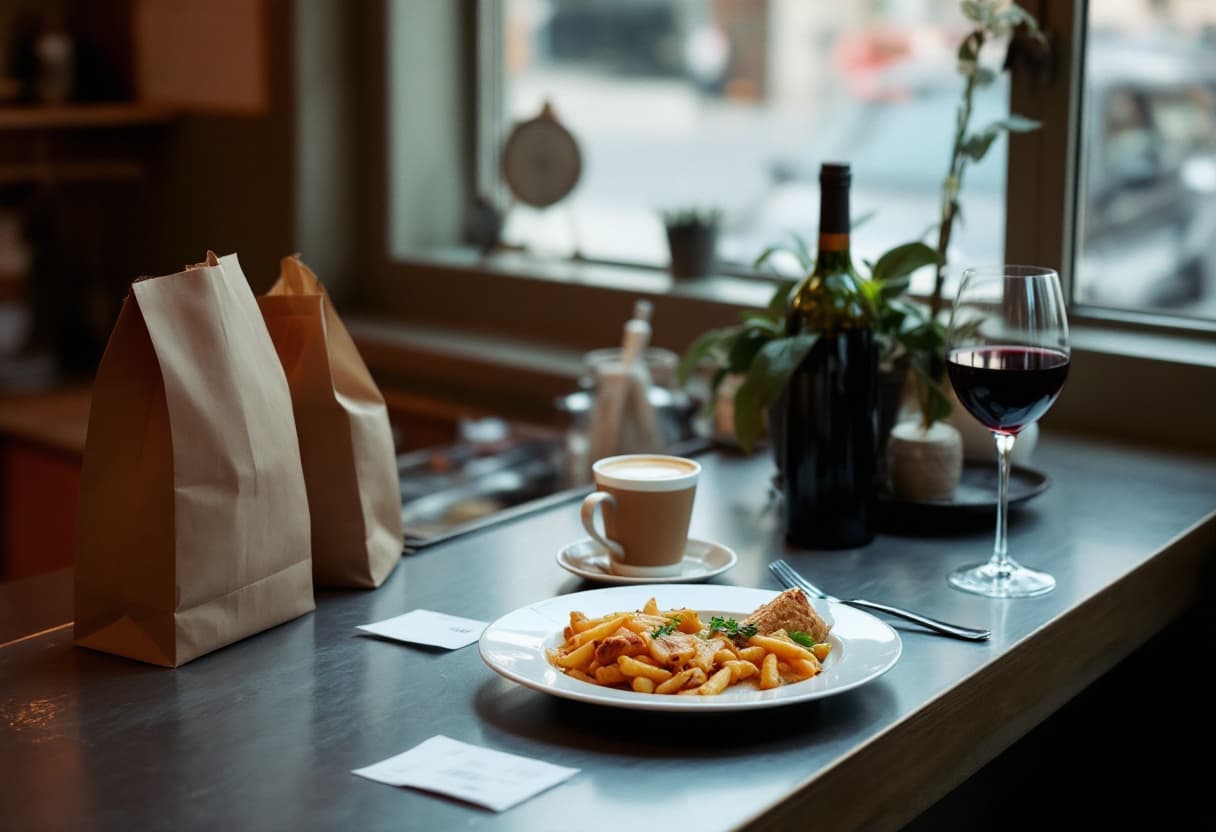 Sacs en papier à emporter, café, assiette de pâtes et verre de vin rouge sur le comptoir d’un bistrot
