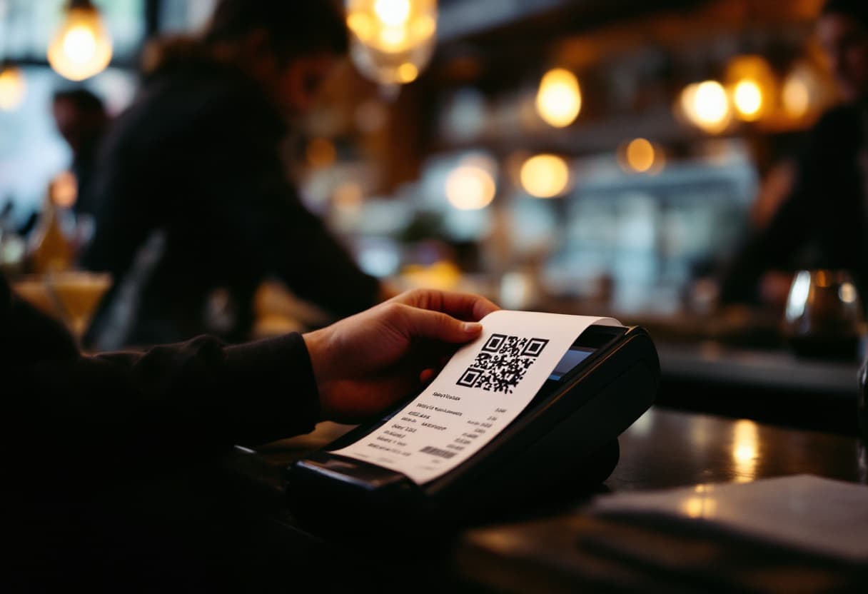 Ticket con código QR saliendo de un TPV en la barra de un bar