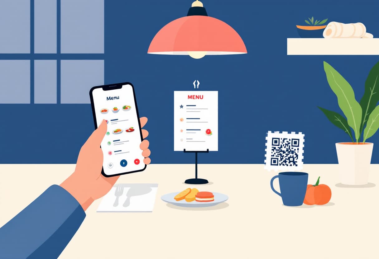 Carta con código QR abierta en el móvil de un cliente sentado a la mesa