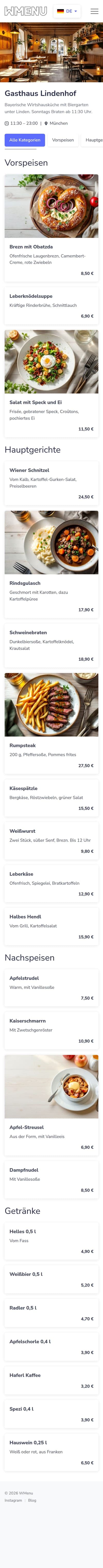 Gastro-Software, die neben Ihrer Kasse läuft — Vorschau des digitalen Menüs auf dem Smartphone