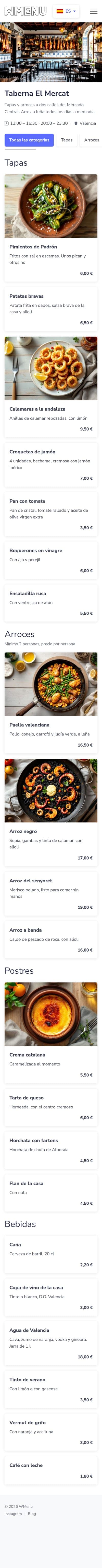 Escandallo: cuánto cuesta una ración y a qué precio venderla — vista previa del menú digital en el móvil
