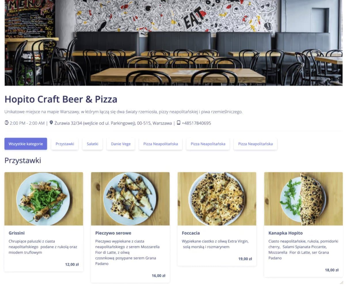 The Hopito Craft Beer & Pizza venue page on WMenu: dining room photo, opening hours, address, phone and menu with prices